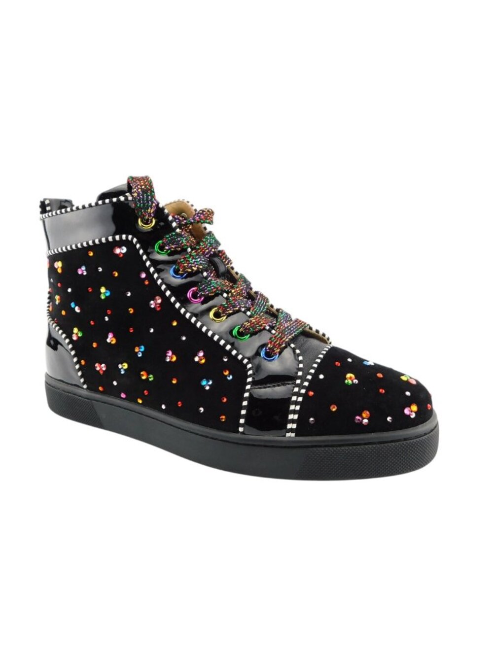 CHRISTIAN LOUBOUTIN Sparkle Crystal Logo Black Leather High Top Sneakers 40